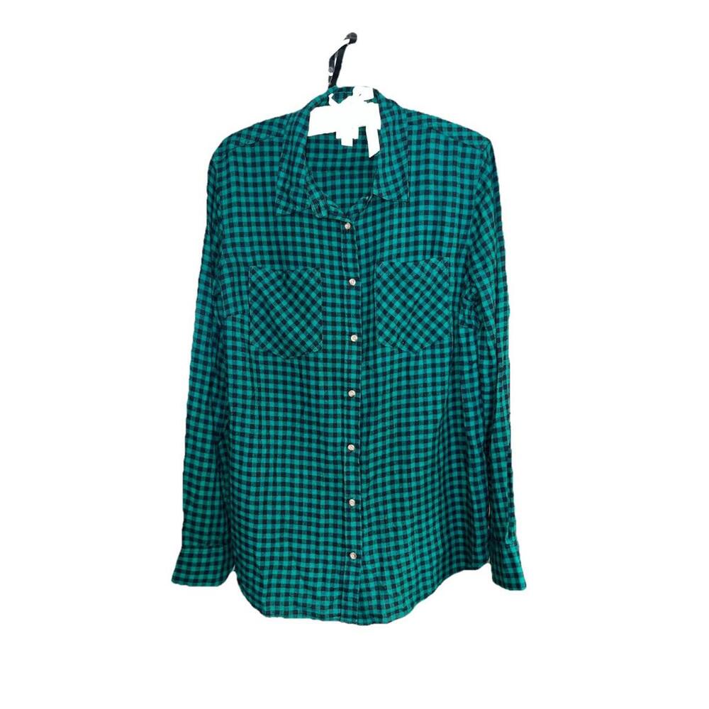 New Day L Green Black Plaid Flannel Button-Down Cabincore Grunge Shirt